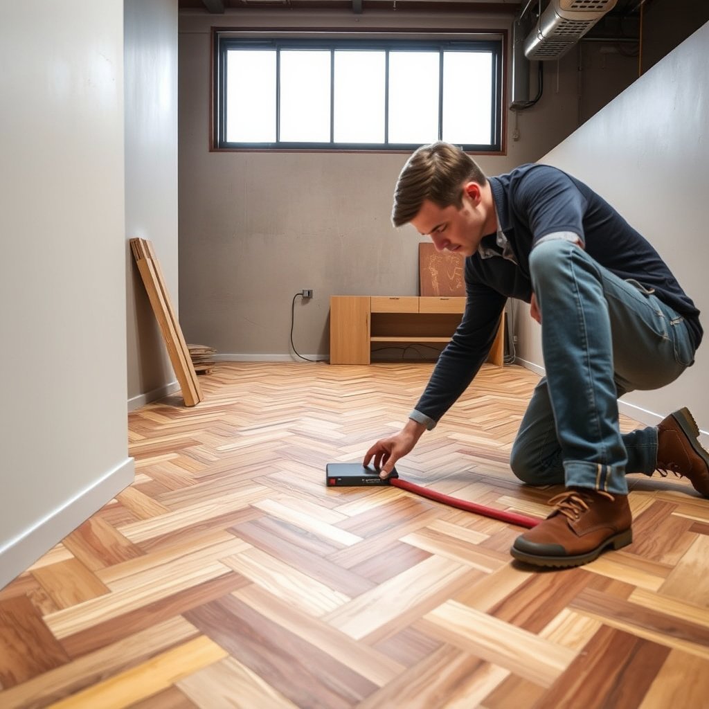 A person installing underlayment beneath chevron flooring for optimal results.
