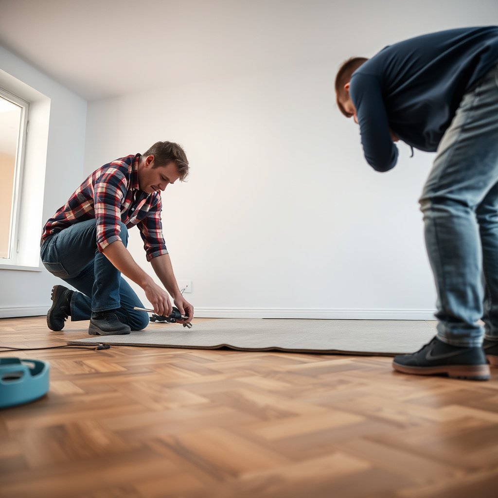 Steps for installing underlayment with seams, overlap, and taping for herringbone flooring.