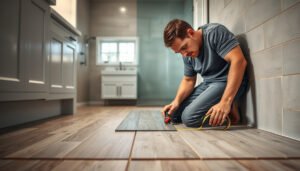 Step-by-step guide for installing vinyl floors in a bathroom, showcasing tools and materials needed.