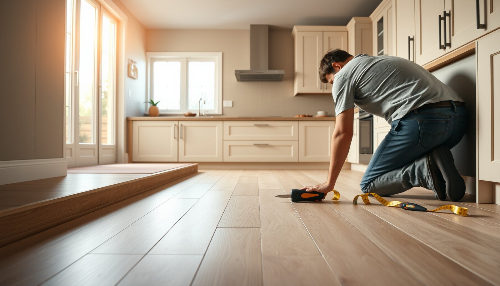 Step-by-step guide on how to install vinyl floors in a kitchen, showcasing tools and materials used.