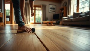 Step-by-step guide on how to install wide-plank wood floors in a living room setting.