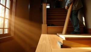 Step-by-step guide to installing wide-plank wood floors on stairs with tools and materials.