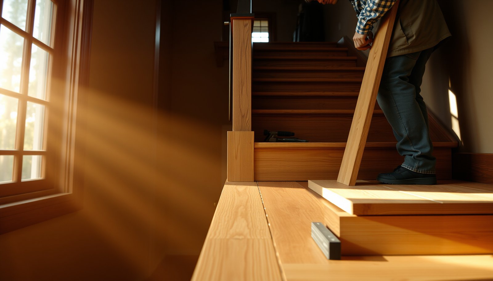 Step-by-step guide to installing wide-plank wood floors on stairs with tools and materials.