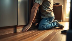 Step-by-step guide on installing wood-look tile floors around kitchen cabinets.