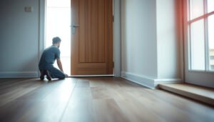 Step-by-step guide on installing wood-look tile floors around doors in a home.