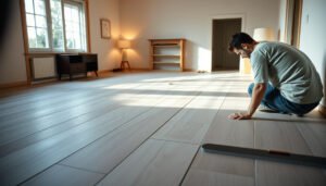 Step-by-step guide on how to install wood-look tile floors with tools and materials shown.