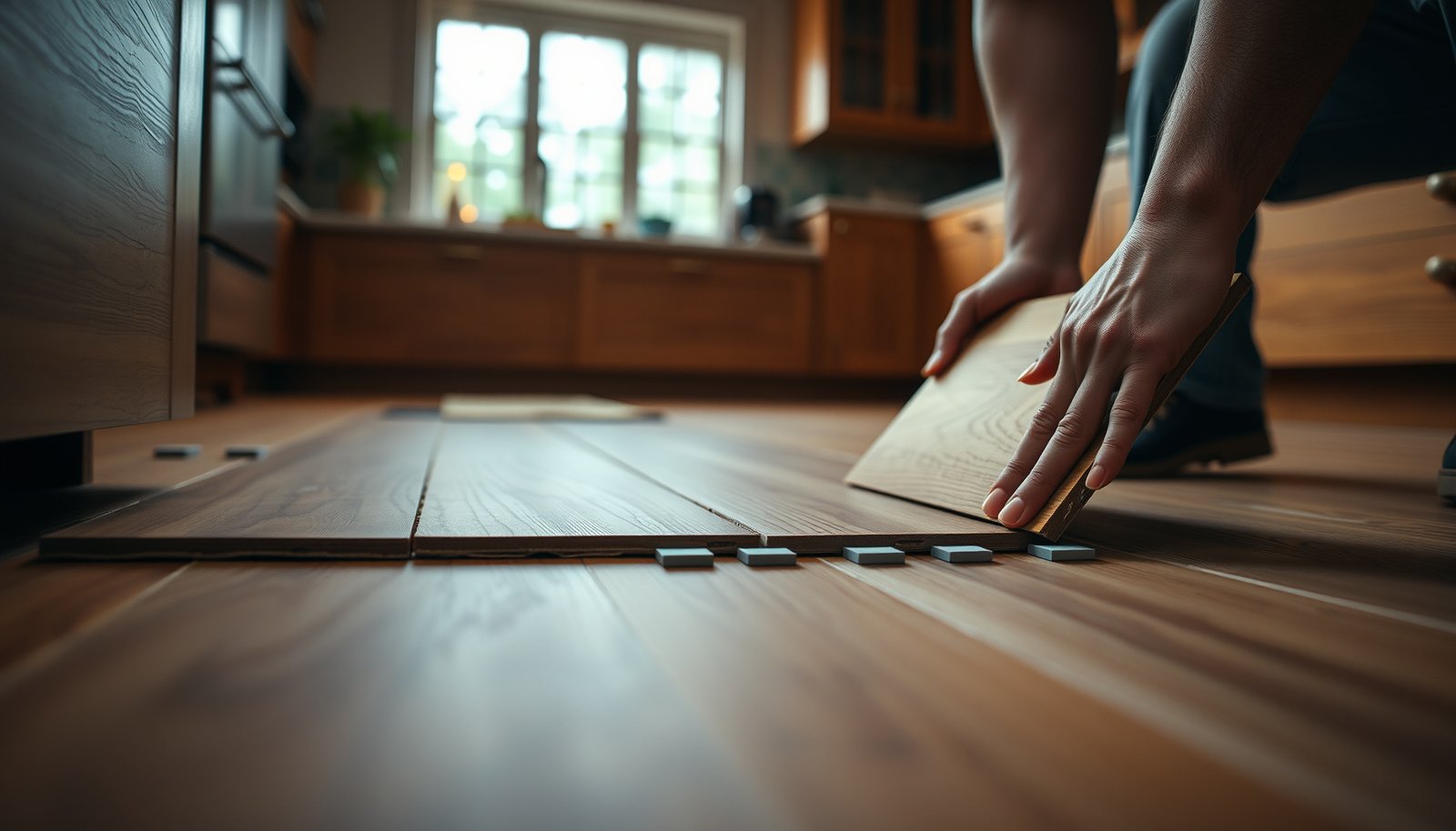 A kitchen with newly installed wood-look tile floors showcasing a stylish and modern design.