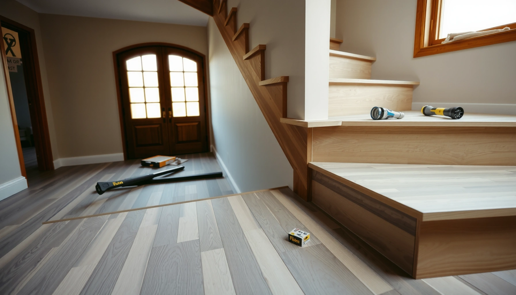 Step-by-step guide for installing WPC floors around stairs in a home setting.