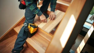A step-by-step guide to installing WPC floors on stairs, showcasing tools and materials needed.