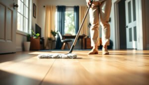 A clean home office with well-maintained laminate floors, showcasing care tips for laminate flooring.