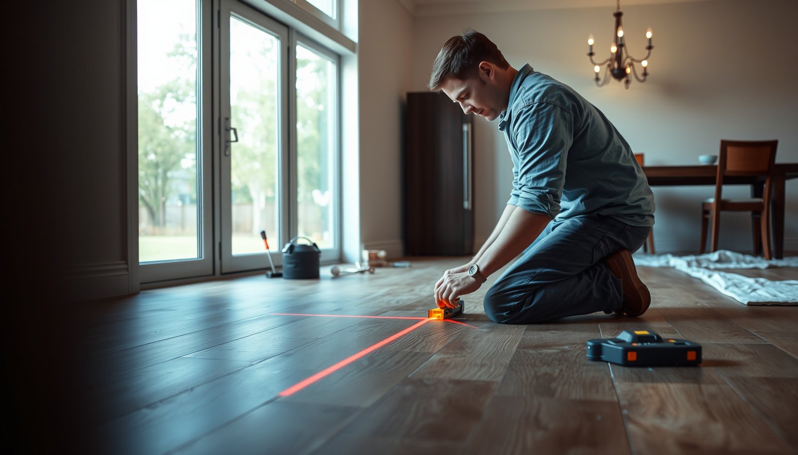 Step-by-step guide on leveling engineered wood floors for a dining room installation.