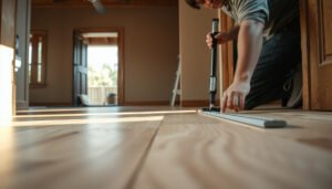 A guide on how to level engineered wood floors before porch installation, showing tools and techniques.