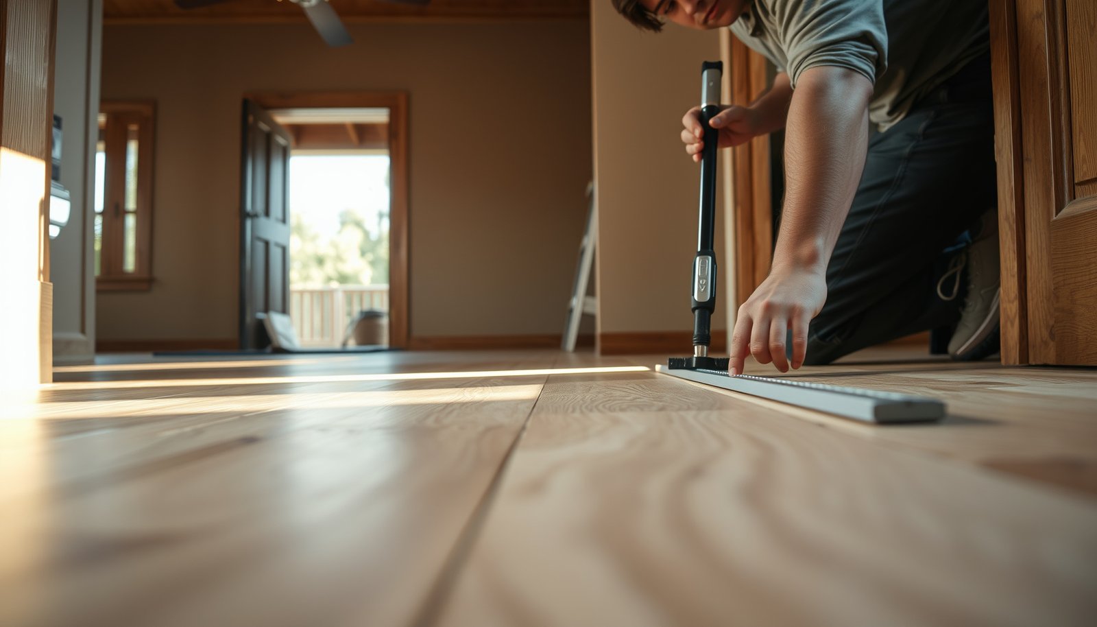 A guide on how to level engineered wood floors before porch installation, showing tools and techniques.