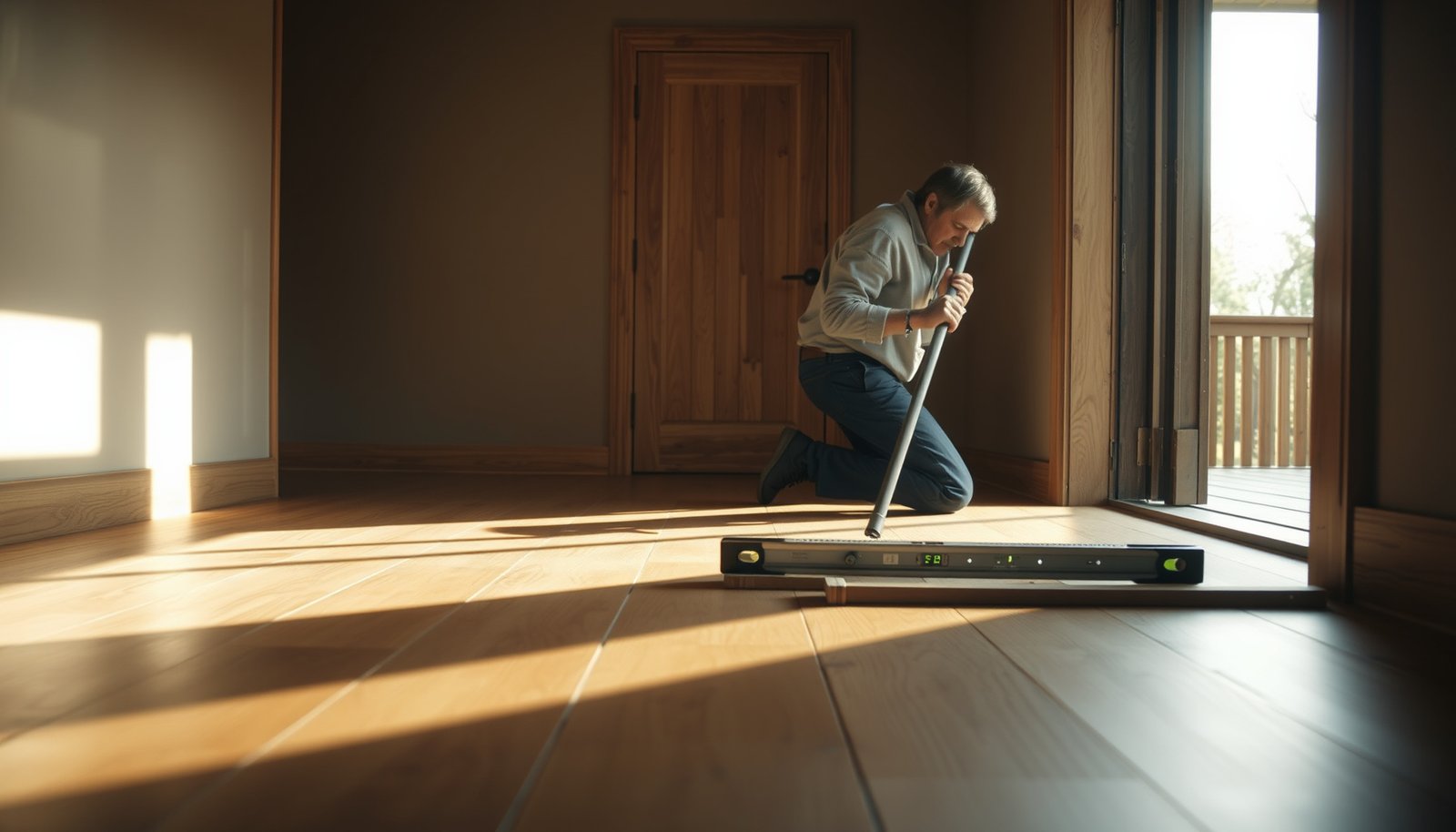 A step-by-step guide to leveling engineered wood floors for outdoor walkway installation.