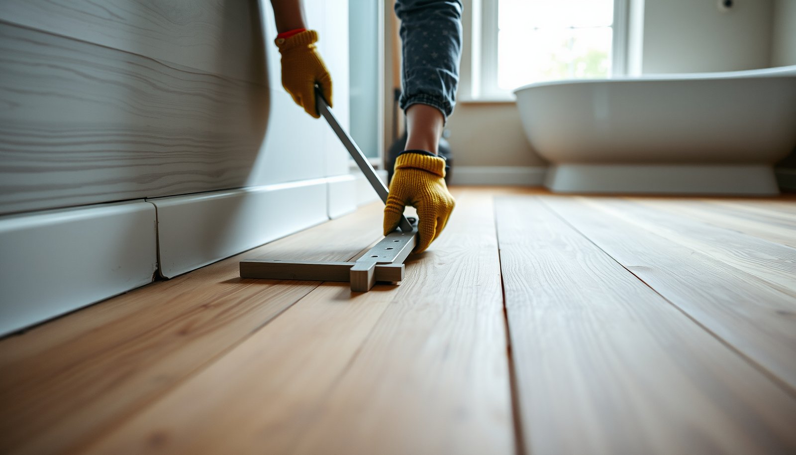 Step-by-step guide to leveling engineered wood floors for bathroom installation.