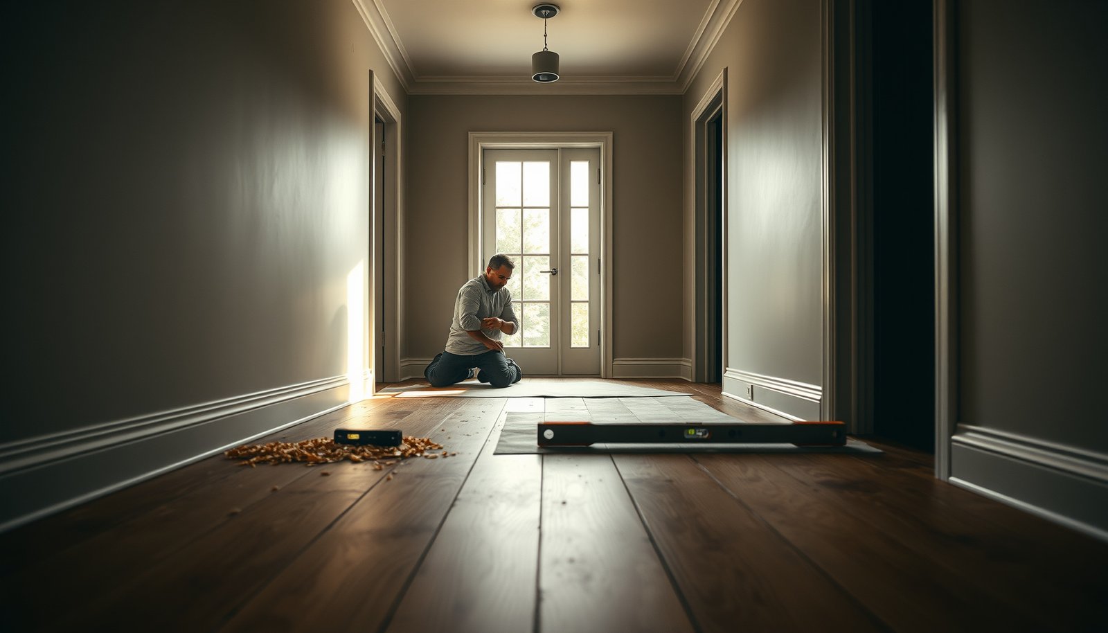 A guide on leveling engineered wood floors before hallway installation, showing tools and techniques.