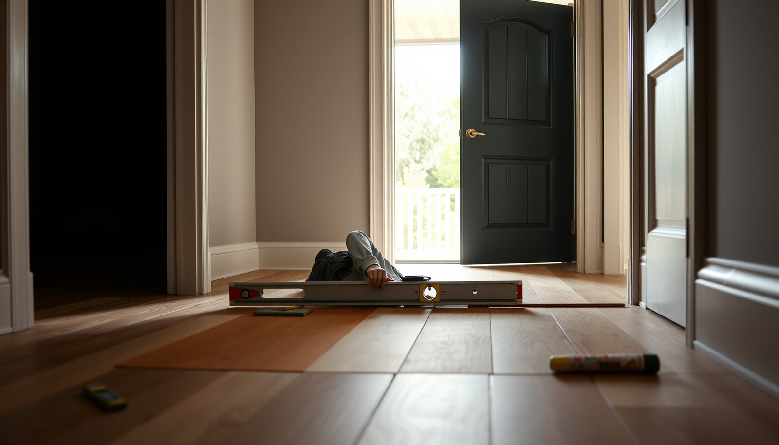 Guide on leveling engineered wood floors before entryway installation for a perfect finish.