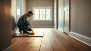 A step-by-step guide on leveling engineered wood floors for a mudroom installation.