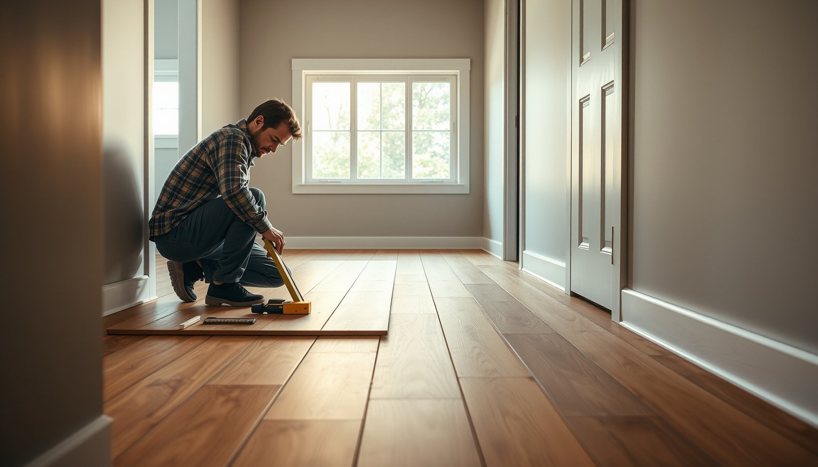 A step-by-step guide on leveling engineered wood floors for a mudroom installation.