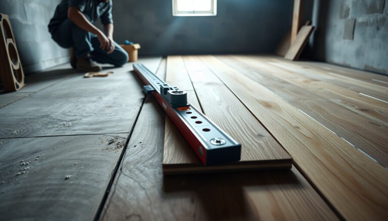 A step-by-step guide on leveling engineered wood floors before basement installation.