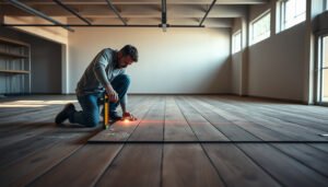 A step-by-step guide on leveling engineered wood floors before garage installation.