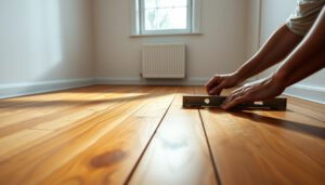 Step-by-step guide to leveling a hardwood floor before bedroom installation.