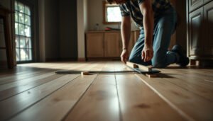 A step-by-step guide on leveling hardwood floors before kitchen installation.