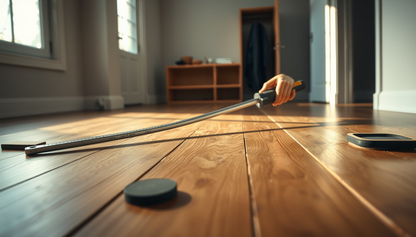 Step-by-step process of leveling hardwood floors before closet installation.