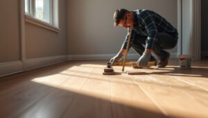 Step-by-step process for leveling hardwood floors before installation in an apartment setting.