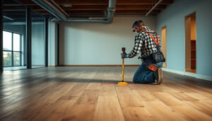 Step-by-step guide on leveling hardwood floors before commercial office installation.
