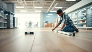 Step-by-step guide on leveling hardwood floors before installing retail store flooring.
