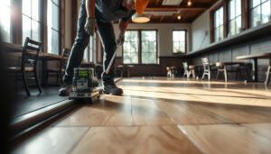 Step-by-step guide on leveling hardwood floors before installing restaurant flooring.