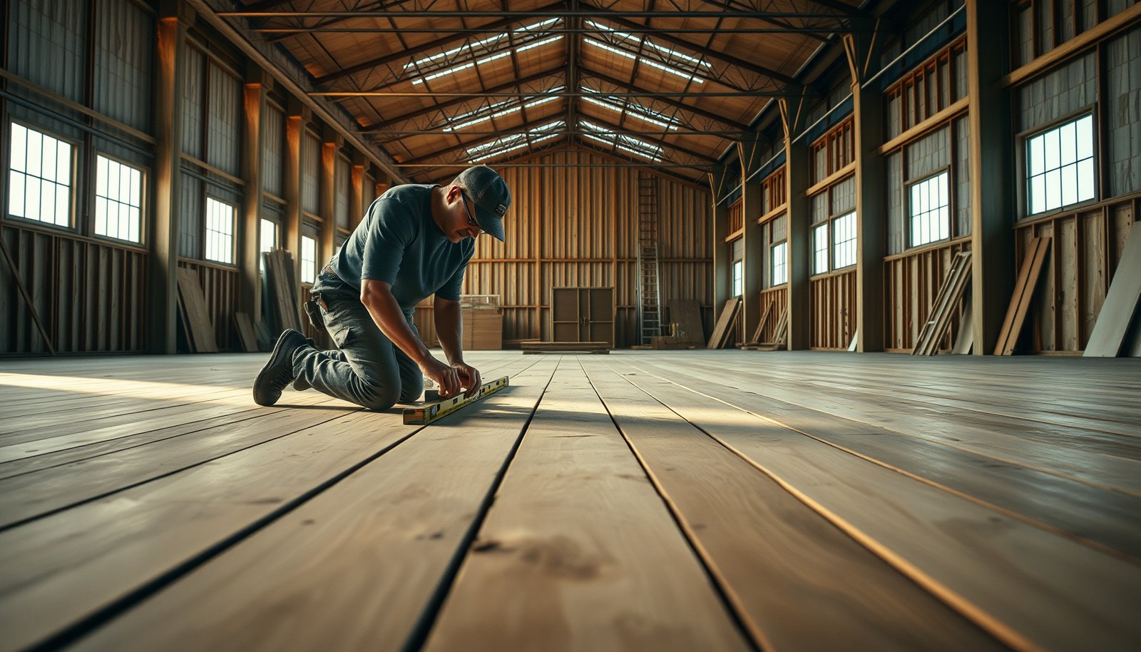 Step-by-step process for leveling hardwood floors before warehouse installation