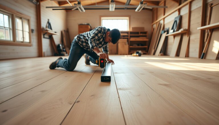 Step-by-step guide on leveling hardwood floors before workshop installation, showcasing tools and techniques.