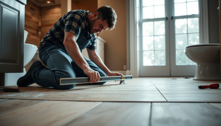 Step-by-step process of leveling hardwood floors before bathroom flooring installation.