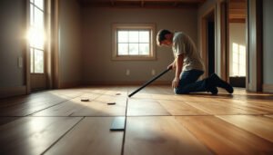 Step-by-step guide on how to level hardwood floors before dining room installation.