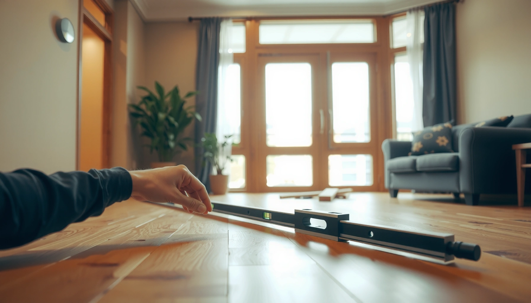 Step-by-step guide on how to level hardwood floors before installing in a living room.