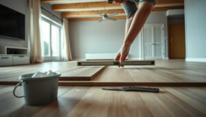Step-by-step guide on leveling laminate floors before installing in a living room.