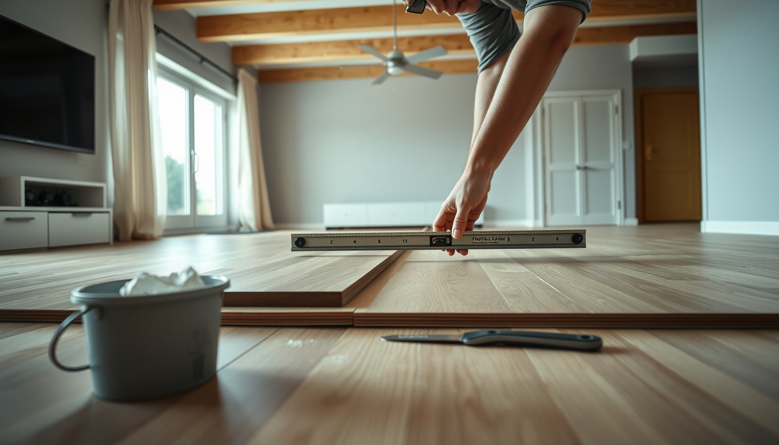 Step-by-step guide on leveling laminate floors before installing in a living room.