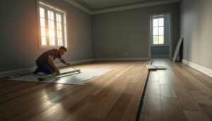 Step-by-step guide on leveling laminate floors before dining room installation.
