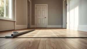 Step-by-step process of leveling laminate floors before mudroom installation.