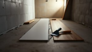 Step-by-step guide on leveling laminate floors before basement installation, ensuring a smooth surface.