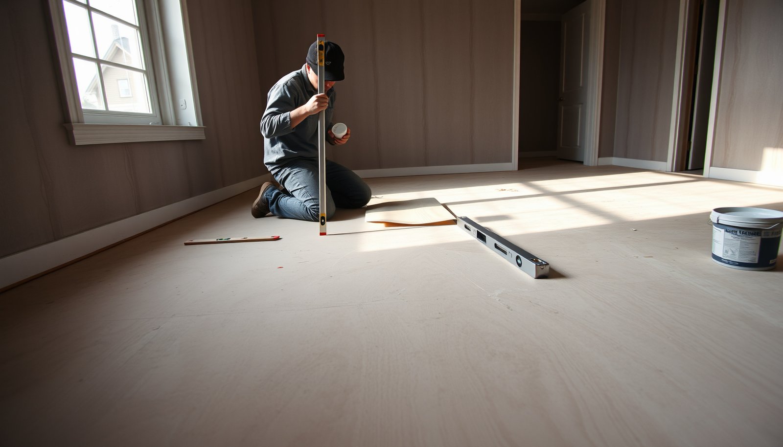 Step-by-step guide on how to level laminate floors before bedroom installation.