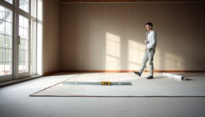 Step-by-step guide on how to level vinyl floors before installing in a living room.