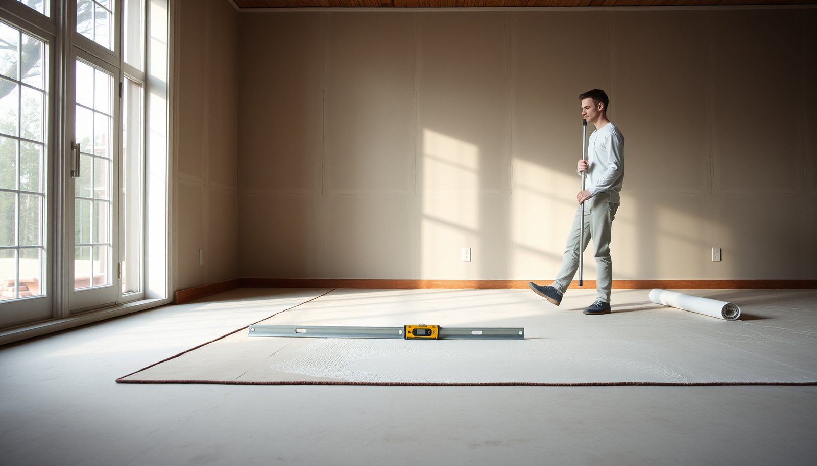 Step-by-step guide on how to level vinyl floors before installing in a living room.