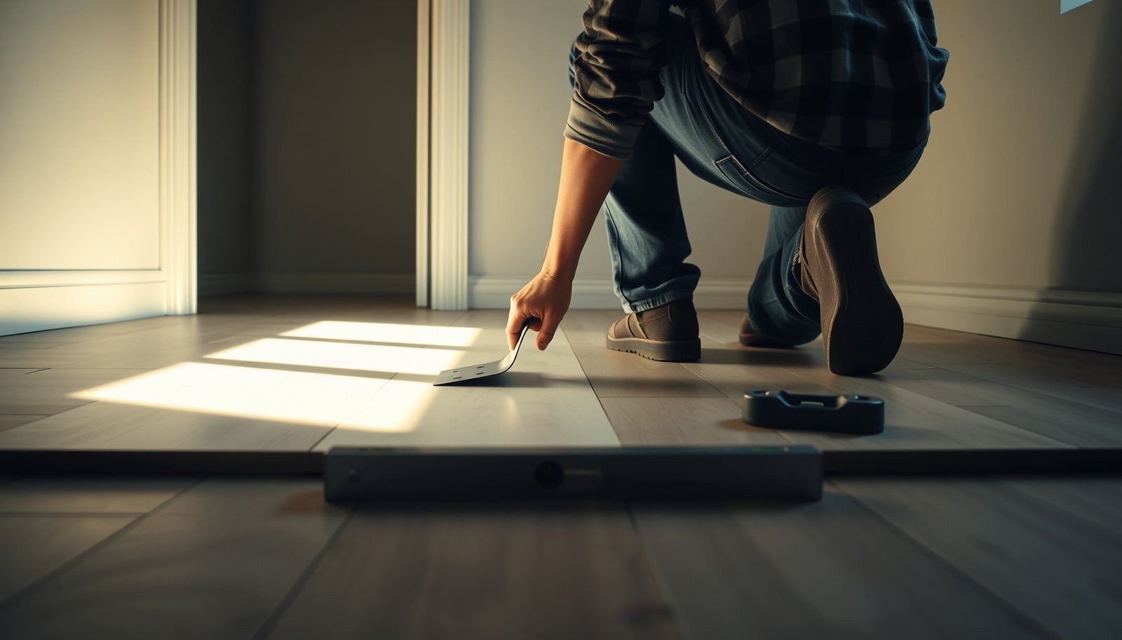 Step-by-step process of leveling vinyl floors before closet installation.