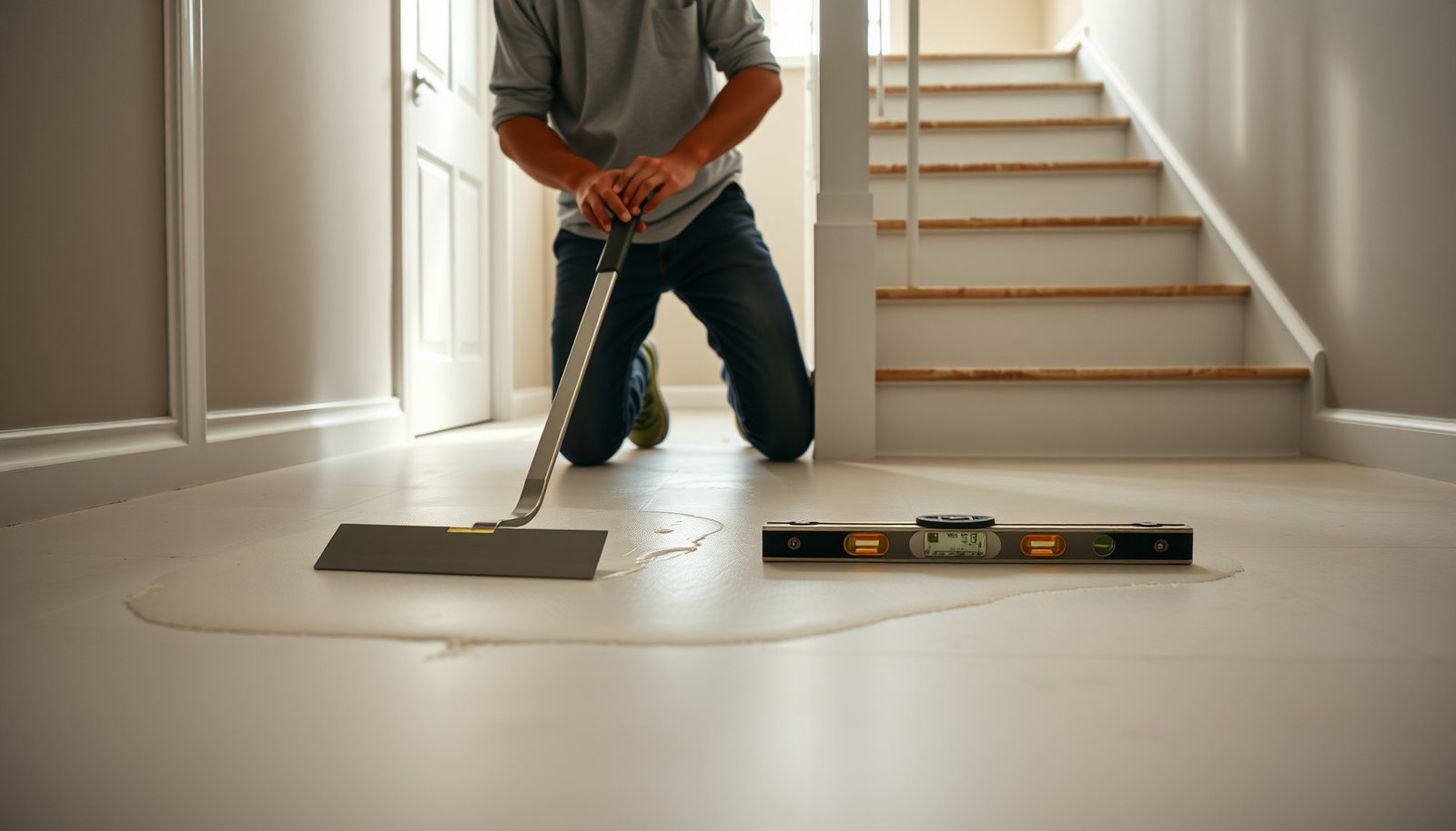 Step-by-step guide on how to level vinyl floors before installing a staircase.