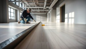 Step-by-step process for leveling vinyl floors before installing in a commercial office setting.