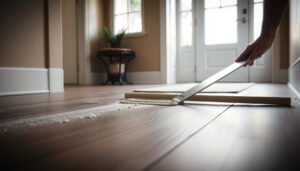 Step-by-step guide on leveling vinyl floors for an outdoor walkway installation.