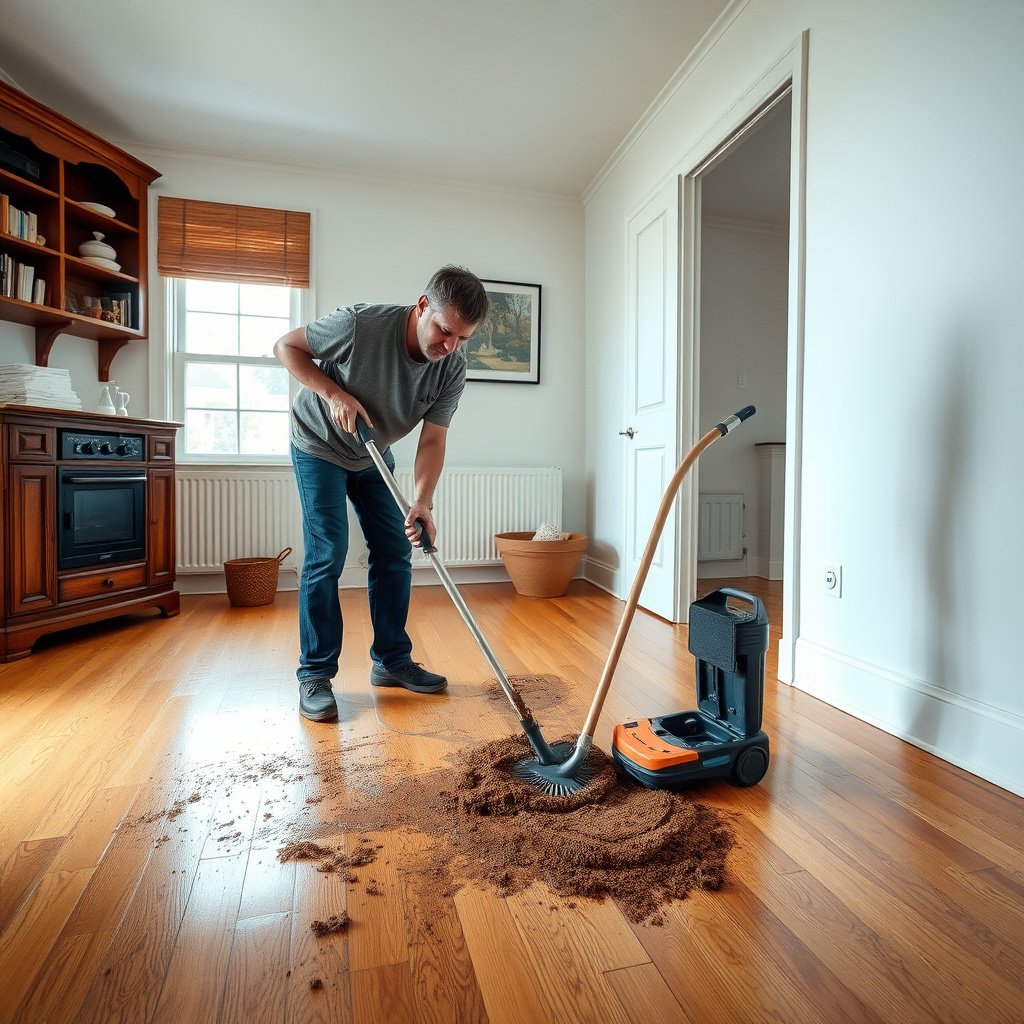 Person cleaning stubborn mud from hardwood floors without scratching the surface